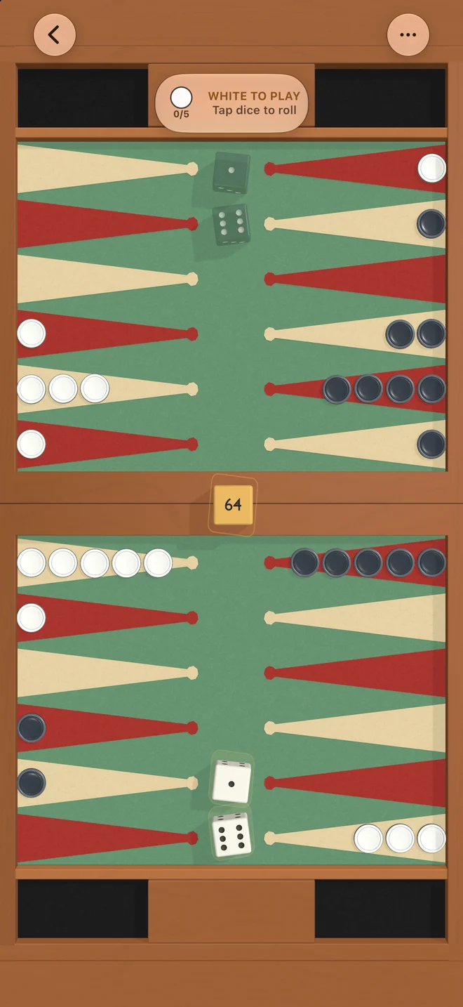 The actual Backgammon app: a wooden board with green felt, cream and red points, and black and white checkers.