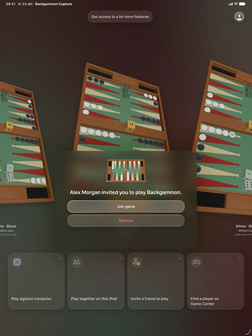Native iPad build-50 capture of the same example invitation, showing Join game above the main-menu play choices.