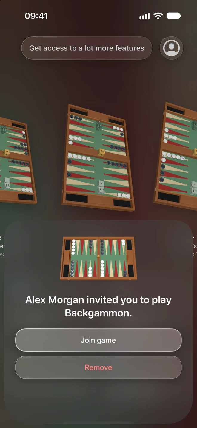 Native iPhone build-50 capture of an example Backgammon invitation, with Join game and Remove buttons. The example player name is capture data.